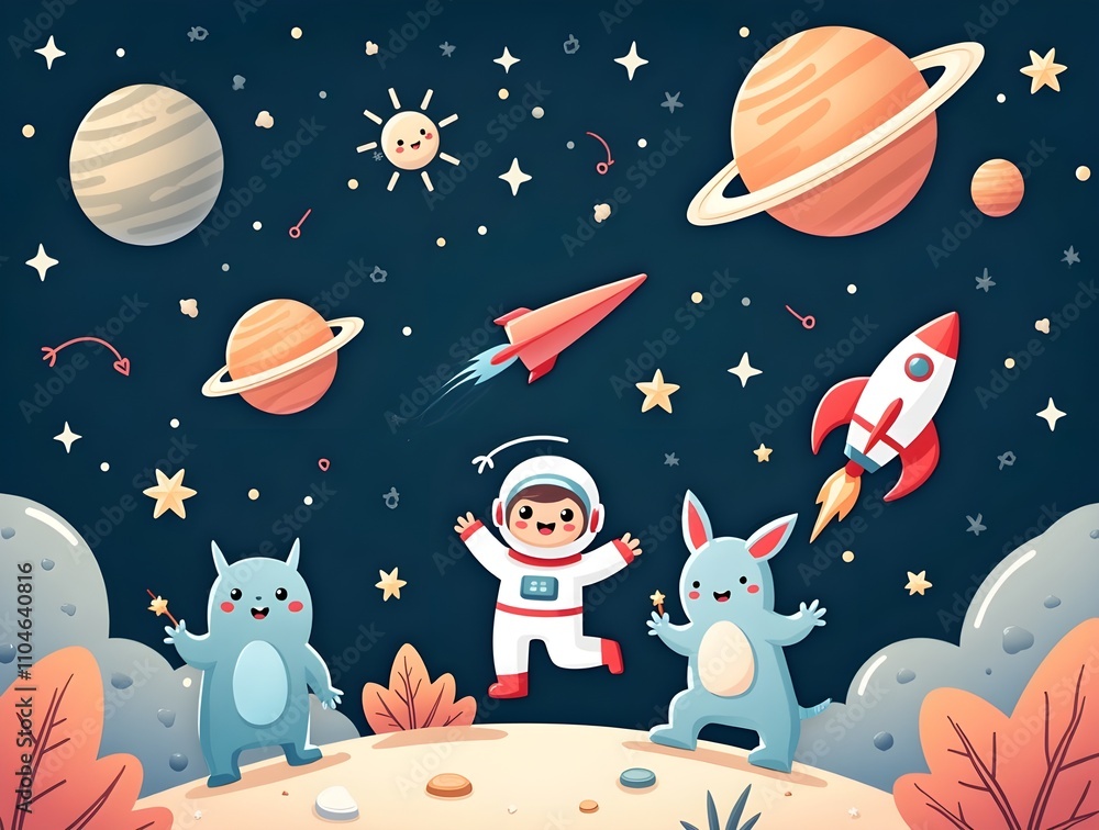 Poster animation style, a child astronaut and a rabbit running around in space background. generative ai
