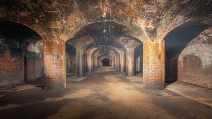 Fototapeta premium A Mysterious Underground Storage Space Featuring Intricate Brick Arches, A Dimly Lit Pathway, and Atmospheric Texture in a Historical Setting