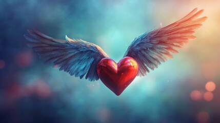 Fototapeta premium A heart with elegant wings soaring through the air, captured in vivid colors and soft lighting, symbolizing freedom and love.