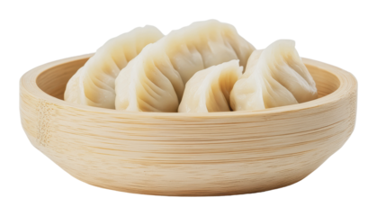 Steaming dumplings served in a wooden bowl, cut out - stock png.