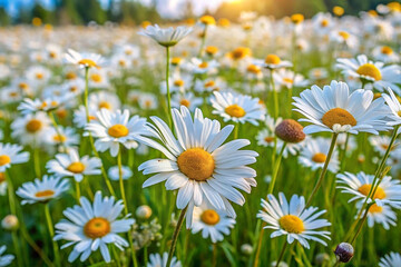 Fototapeta premium Vibrant field of daisies bathed in golden sunlight.