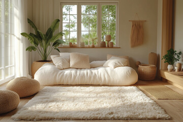 Cozy living room featuring a soft white sofa and natural decor elements