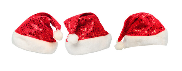 Set of red Christmas Santa Claus hat on transparent background png