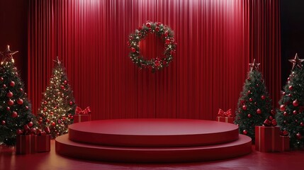 Red Christmas Stage with Ornaments and Presents