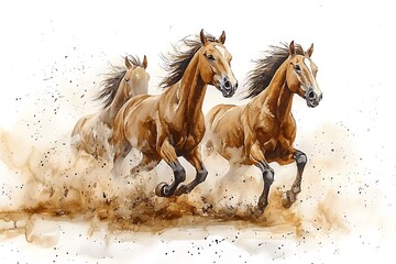 Fototapeta premium Three Brown Horses Running in Dust, Watercolor Painting.