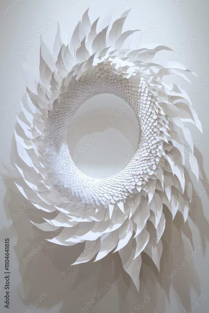 Poster abstract white paper installation resembling a spiral or sun pattern on a light wall, creating a sen