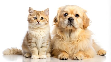 Obraz premium Fluffy Friends: Adorable Cat and Dog Posing Together, White Background, Pet Photography, Cute Animals