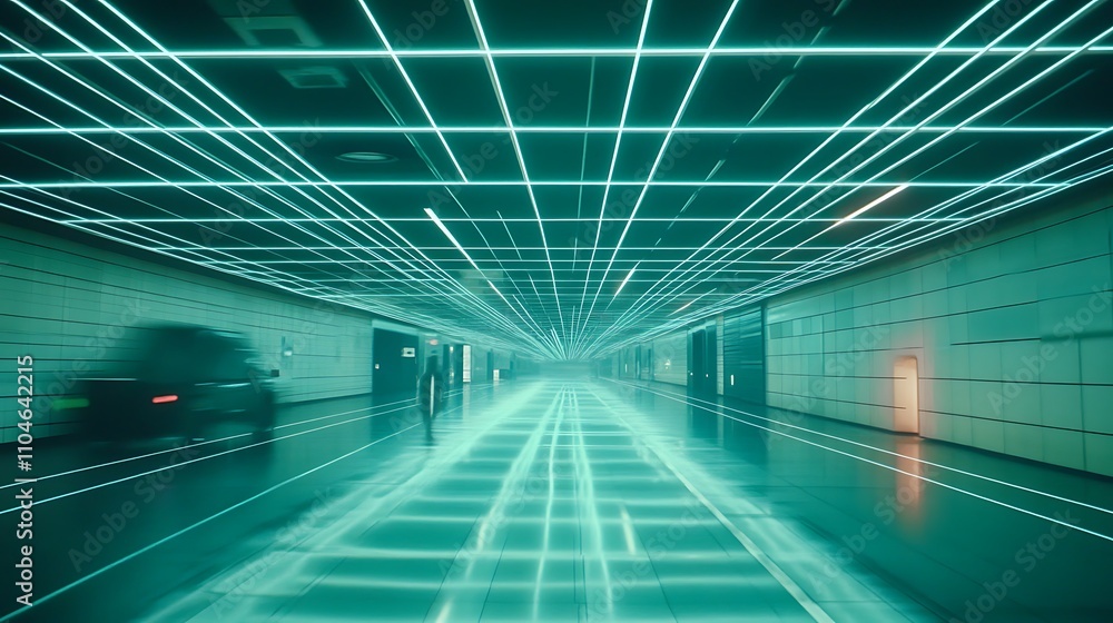 Poster a cinematic black background featuring glowing ceiling and floor grid lines extending in perspective
