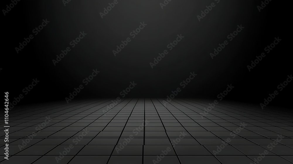 Poster a dark, sleek black background with intricate grid lines extending in perspective across the ceiling