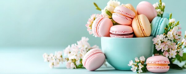 A colorful arrangement of macarons in a mint bowl, surrounded by delicate flowers, creating a delightful and elegant dessert display.
