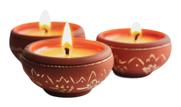 Beautiful clay lamps glowing warmly on a table, cut out - stock png. - Powered by Adobe