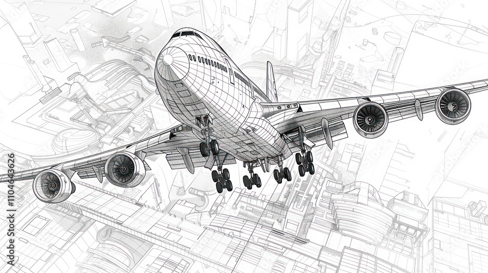 Poster airplane blueprint design, wireframe model in flight.