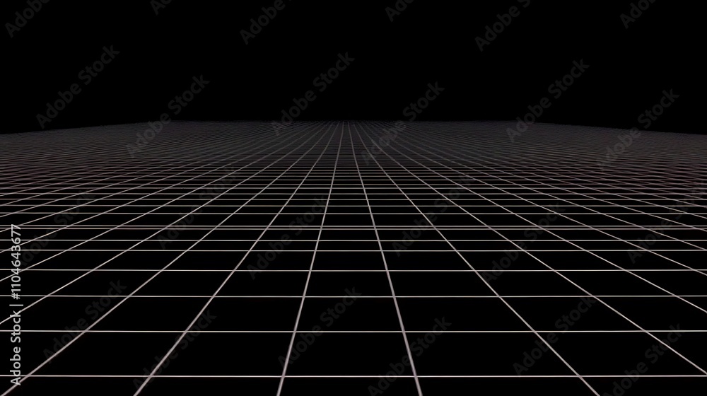 Poster a futuristic black backdrop with perspective grid lines forming a wireframe architecture from ceilin