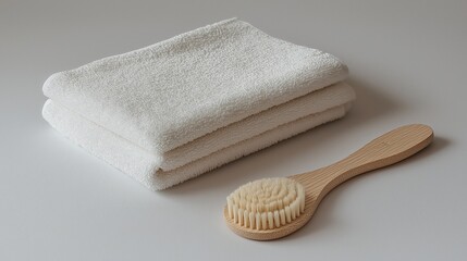 Folded white towel and wooden bath brush on a light background, creating a clean and minimalist look