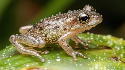Fototapeta premium A macro shot of a tiny frog perched on a vibrant green leaf, surrounded by morning dewdrops, captured in soft rainforest light. The delicate droplets glisten, enhancing the peaceful 