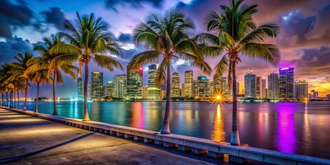 Obraz premium Stunning Miami Night Skyline View from MacArthur Causeway, Capturing the Vibrant City Lights and Reflections on the Water, Showcasing the Beauty of Florida's Nightlife and Architecture