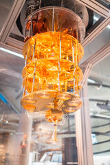 Futuristic Golden Quantum Computer Processor in a Technological Laboratory Setting Displaying Advanced Computing Design