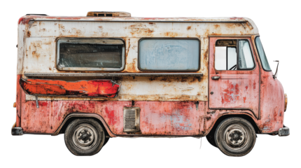 Vintage food truck parked in urban area, cut out - stock png.