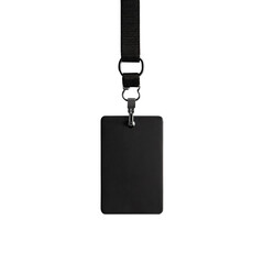 A sleek design of a black ID card attached to a sturdy strap, suggesting professionalism and versatility for various identification purposes in modern settings such as events.