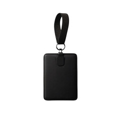 A sleek and modern black ID holder hangs against a minimalist backdrop, showcasing its elegant design, perfect for professionals seeking practicality with style.
