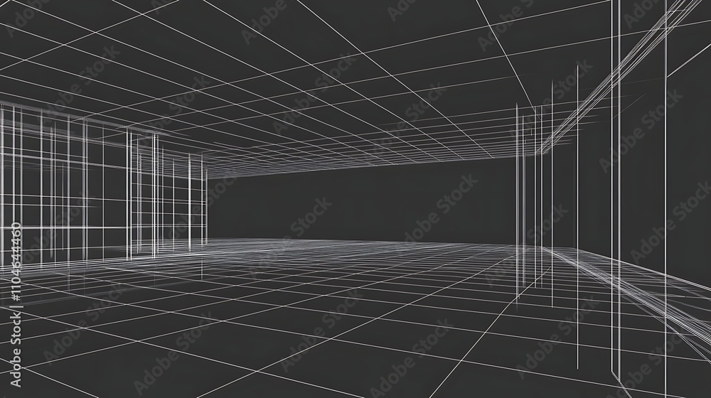 Poster a high-tech wireframe design on a black background, with perspective grid lines on the ceiling and f