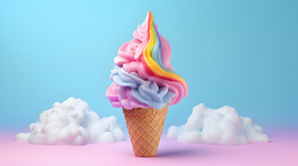 Colorful Rainbow Ice Cream Cone on a Pastel Background