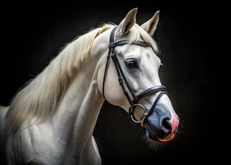 Fototapeta premium Stunning White Horse Portrait in Bridle Isolated on Black Background with High Depth of Field - Capturing the Elegance and Majesty of the Equine Beauty in Detail