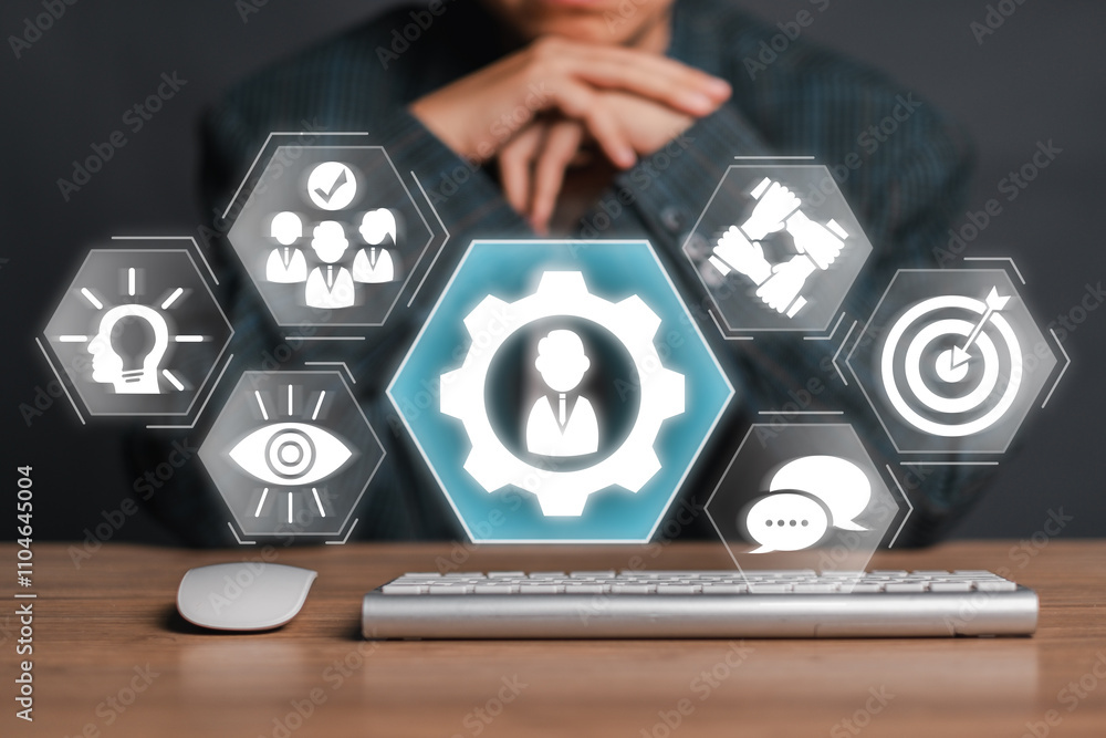 Poster visual representation of management concepts with digital icons symbolizing teamwork, strategy, and 
