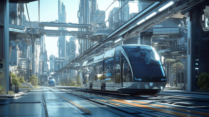Fototapeta premium Futuristic Cityscape Solar Powered Train Transportation