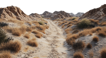Desert pathway winding through rugged terrain, cut out - stock png.