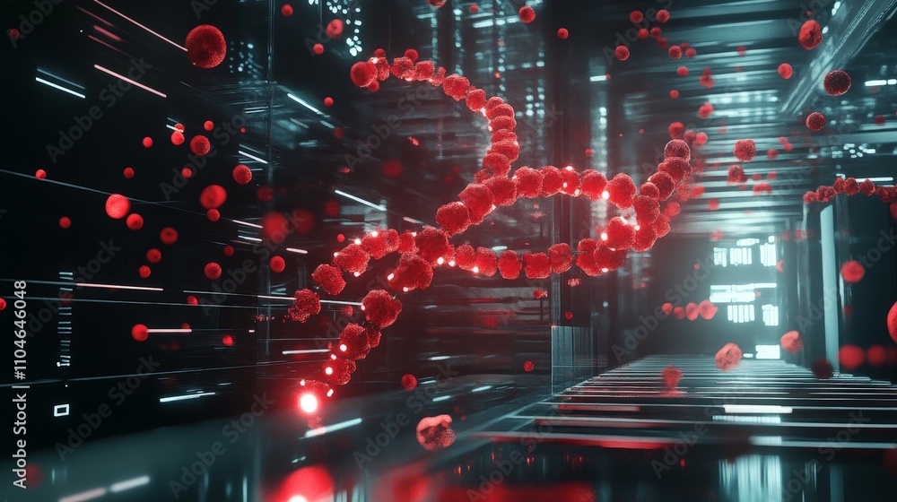 Poster a concept of dna editing, with molecular structures floating in a high-tech digital setting
