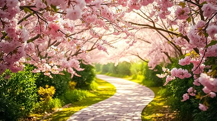 Serene Pathway Underneath a Canopy of Delicate Pink Blossoms in a Lush Garden