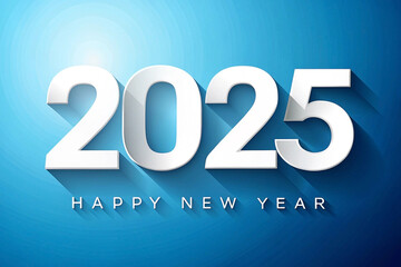 Happy New Year 2025 greeting card with 3D white numbers on a blue background.