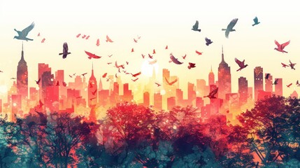 Cityscape sunrise with birds and trees.