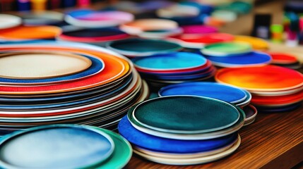 Colorful stacked plates and dishes arranged artistically on a wooden surface, showcasing various vibrant hues and patterns.