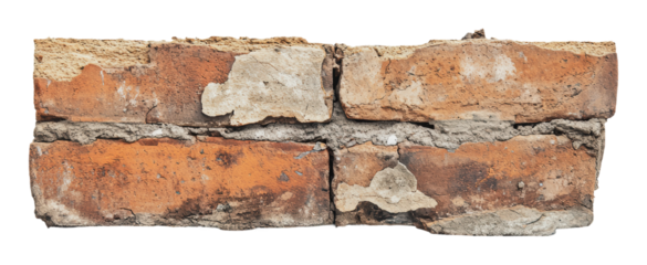 Brick wall fragment showing wear and age, cut out - stock png.
