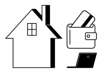 House with chimney, wallet holding a card, and laptop representing modern finance and technology. Ideal for real estate, finance, online banking, digital transactions, e-commerce, technology