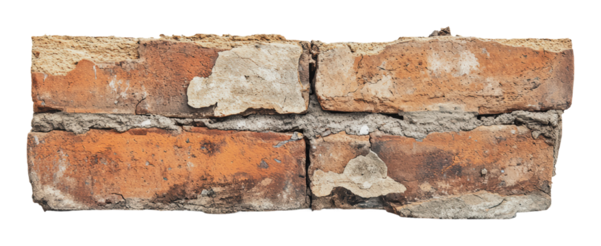Brick wall fragment showing wear and age, cut out - stock png.