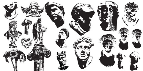 Greek ancient sculpture set. Vector graphic asset for streetwear design. Retro futuristic element in Y2K for apparel, clothing and poster design