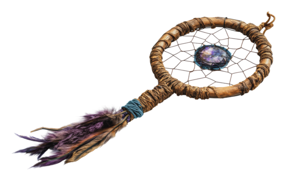 Dream catcher adorned with feathers and gemstone, cut out - stock png.