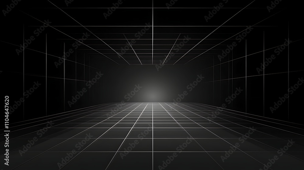 Poster an abstract black background with glowing perspective grid lines forming a ceiling and floor wirefra