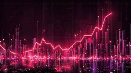 Fototapeta premium Glowing pink graph rising over futuristic city skyline at night.