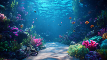 Fototapeta premium Vibrant Coral Reef Underwater Scene: 3D Rendering Background