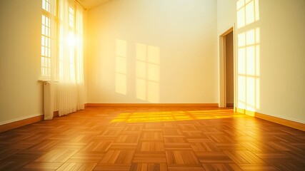 Obraz premium Sunlit Empty Room with Hardwood Floors and Sheer Curtains
