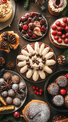 Fototapeta premium Festive Cakes and Desserts Overhead Photo: Delicious Holiday Treats