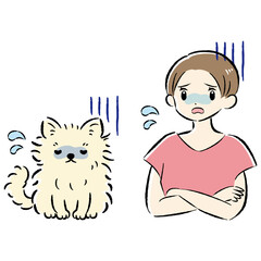 体調不良の犬と心配する飼い主の女性のイラストセット