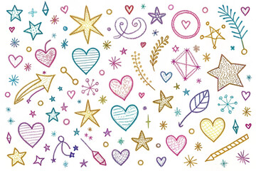 Colorful hand-drawn hearts, stars, and whimsical elements on white background.