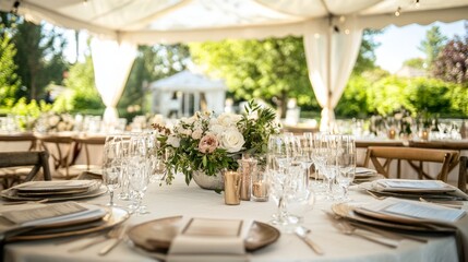 A family celebrating a milestone anniversary with a garden party, elegant decor, and speeches