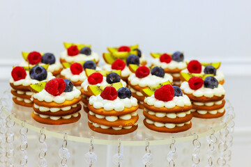 Beautifully arranged assortment of layered pastries topped with creamy frosting, fresh berries for celebration gathering.