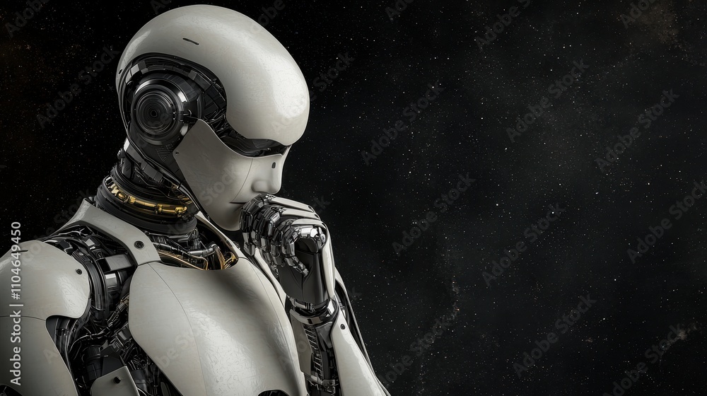 Poster a thoughtful robot with a sleek design contemplates against a dark, cosmic background, embodying the